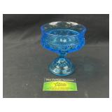 King Crown Aqua Blue Glass Thumbprint Pedestal