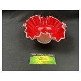 Milk Glass Red Overlay Hobnail Ruffled Edge Bowl
