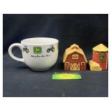 John Deere soup cup and salt & pepper shakers