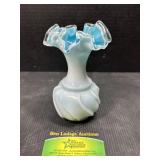 Fenton Style Blue Opalescent Ruffled Edge Vase