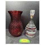 Ruby Glass Vase & Etched Clear Decanter