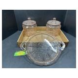 Pink Depression Glass compotes and platter