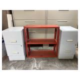 Two filling cabinets and metal storage shelf