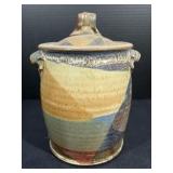 Stoneware Jar With Lid & Abstract Design
