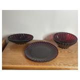 3 Large Ruby Glass Platers and Bowls