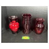 3 Red Glass Vases
