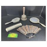 Vintage Vanity Set. Mirror, Brush,Comb, Bell & Fan