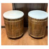 2 Engraved Wood Barrels with Storage