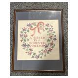 Framed counted cross stitch sister heart