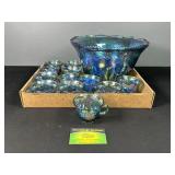 Blue Carnival Glass Punch Set