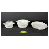 (3) Corning Cornflower Blue Pie Pan, Covered Dish