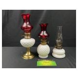 3 Miniature Oil Lamps Red, Milk Glass