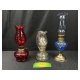 3 Miniature Oil Lamps Red, Blue, clear with
