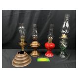 3 Miniature Oil Lamps Red, Brass, Clear