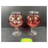 (2) Cranberry Stemmed Footed Ruffle Rose Bowls