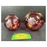 (2) Cranberry Czech Etched Rose Bowls