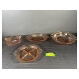 (4) Pink Depression glass divided tray, swan,