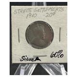1910 Straits Settlements 20 Cent 60% Silver