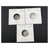(3) Silver 3 Cent Pieces 1852, 1857, 1858