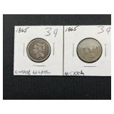 (2) 1865 3 Cent Nickels