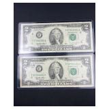 (2) Green Seal Two Dollar Bills 1995