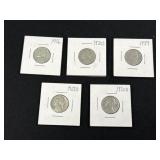 (5) Jefferson Nickels 1939,1956,1969D, 1970, 1970D