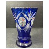 Painted Floral Cut glass flashed vase
