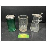 Keystone Egg Beater, Green Glass Sugar Jar, and