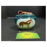 Horse Motif Ceramic Tobacco Jar w/Pipe Lid
