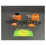 2 Plastic Halloween Black Cat and Pumpkin Figures