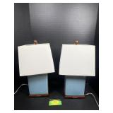 Two blue ceramic base lamps