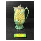 Vintage Majolica Corn Pitcher with Pewter Lid