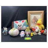 Lefton figurines, needle work framed picture and