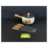 Vintage Enamelware Fondu Pot & Forks