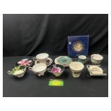 Small tote of Lefton tea cup sets and more