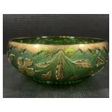Green glass bowl with gold floral pattern
