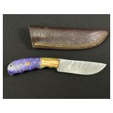 Purple Custom Damascus Fixed Blade Knife w/ Sheath