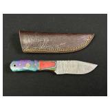 Blue & Purple Damascus Fixed Blade Knife w/ Sheath