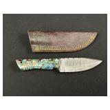 Blue Custom Damascus Fixed Blade Knife w/ Sheath