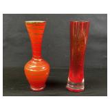 2 Red Glass Art Vases