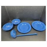 Blue graniteware bowls and plates