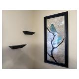 Framed Bird Art & 2 Black Wall Shelves