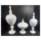 3 White Milk Glass Urns w/Lids