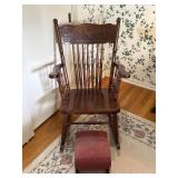 Vintage Solid Oak Carved Back Rocking Chair