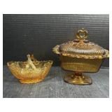 Amber Glass Basket and Pedestal Bowl with Lid