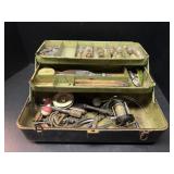 Metal tackle box with fishing supplies
