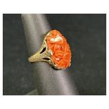 10K Gold Carved Coral Flower Ring
