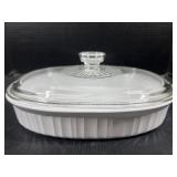 White glass corningware baking dish