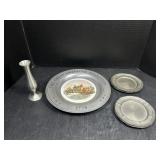Pewter Vase, Plate, and Small Goebel Plates