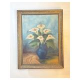 Oil Painting Of White Calla Lilies In A Dark Vase